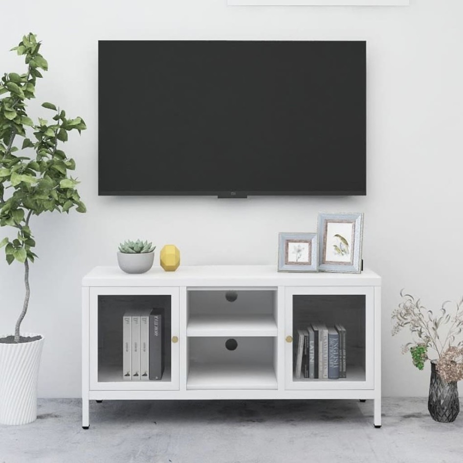 Mueble para el televisor acero y vidrio blanco 105x35x52