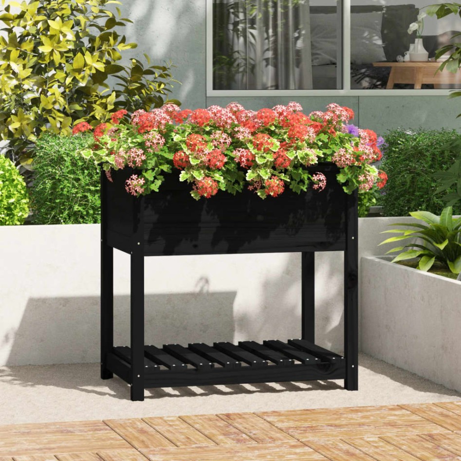Jardinera con estante madera maciza de pino negro 82,5x54x81