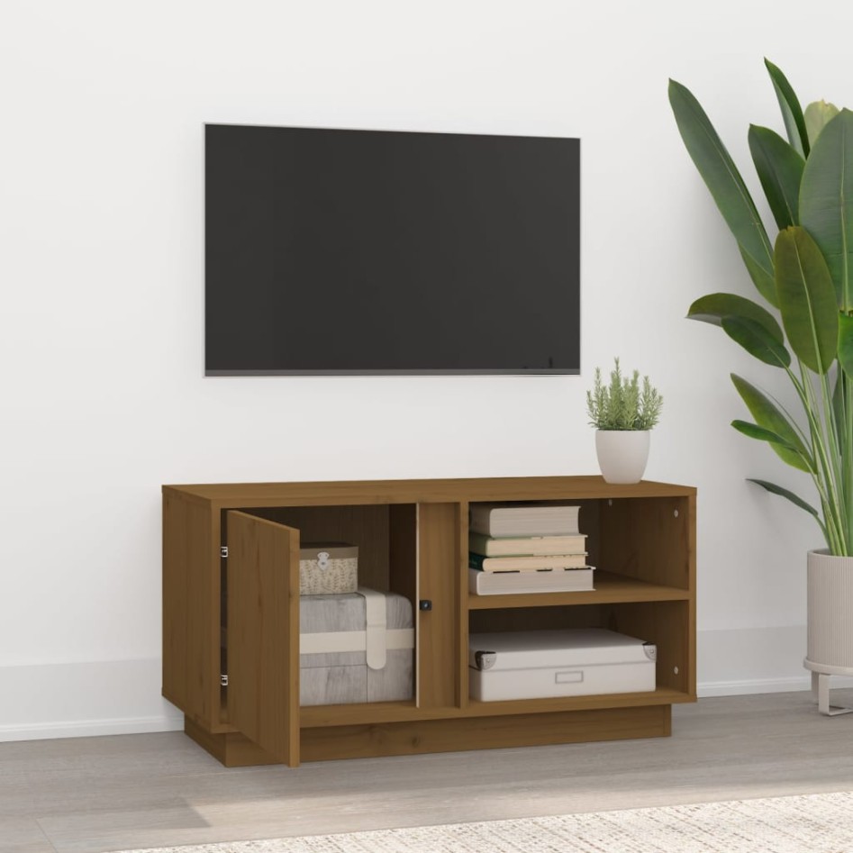 Mueble de TV madera maciza de pino marrón miel 80x35x40,5