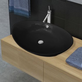 Lavabo Oval de cerámica negra de lujo con desagüe, 59 x 38,5