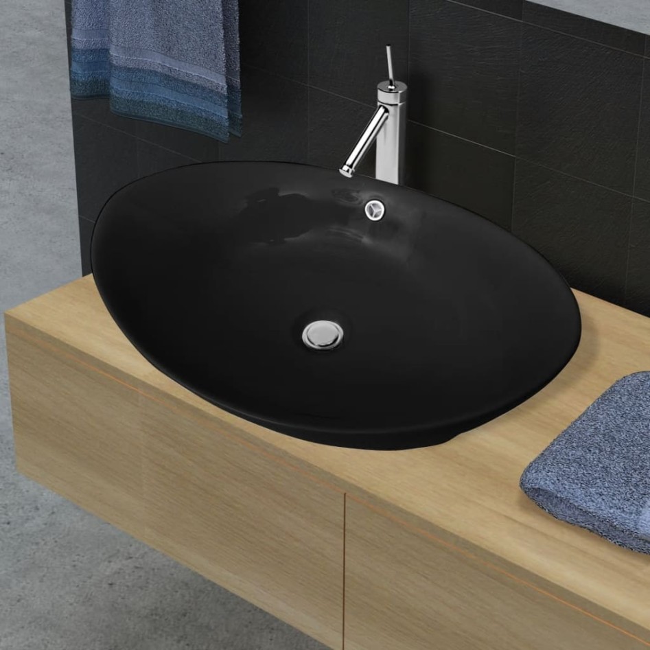 Lavabo Oval de cerámica negra de lujo con desagüe, 59 x 38,5