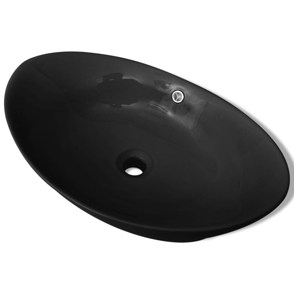 Lavabo Oval de cerámica negra de lujo con desagüe, 59 x 38,5