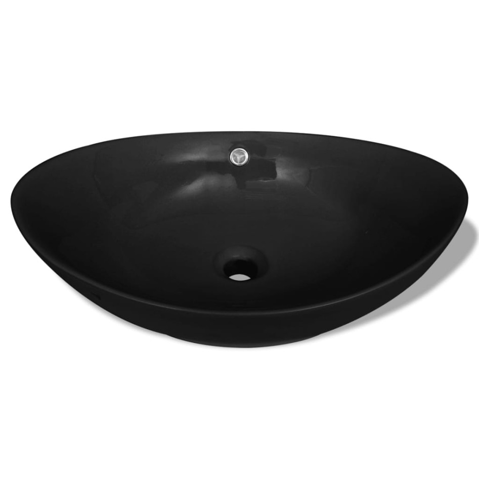 Lavabo Oval de cerámica negra de lujo con desagüe, 59 x 38,5