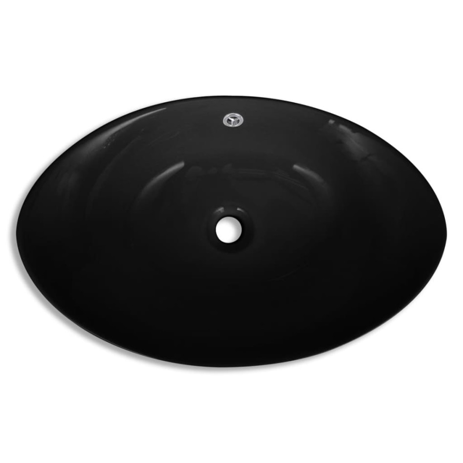 Lavabo Oval de cerámica negra de lujo con desagüe, 59 x 38,5
