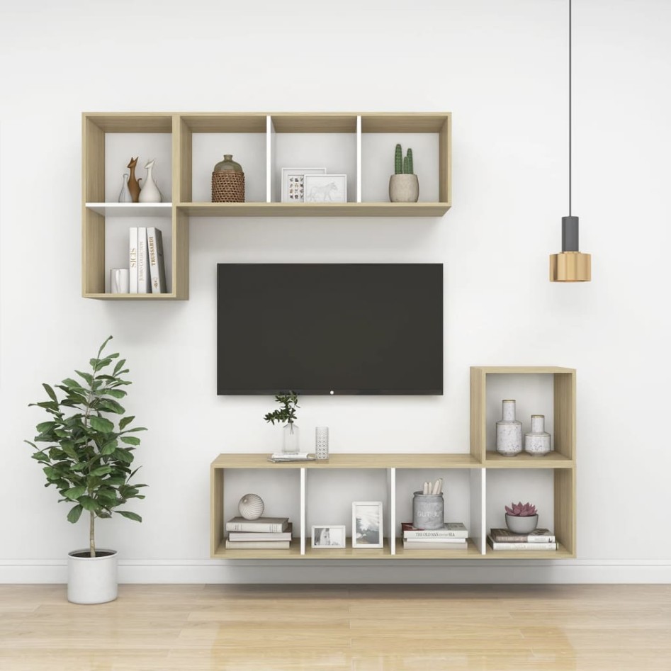 Mueble TV pared madera contrachapada blanco roble