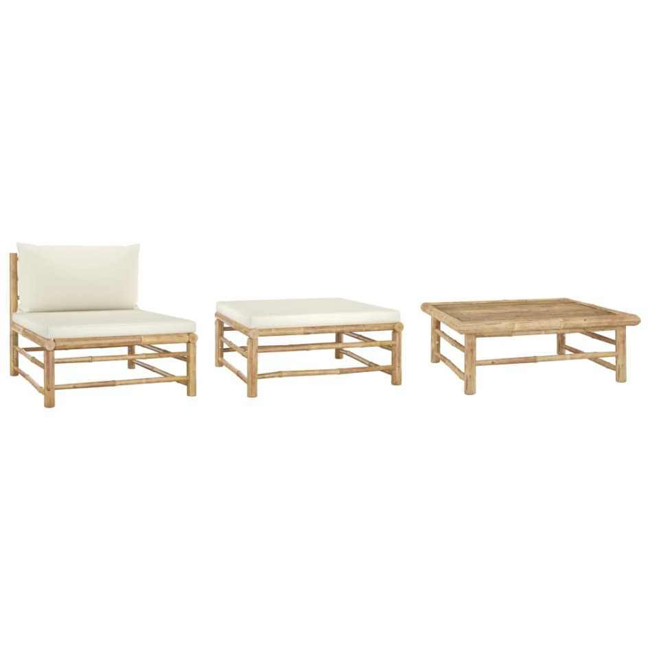 Set de muebles de jardín 3 piezas bambú y cojines blanco
