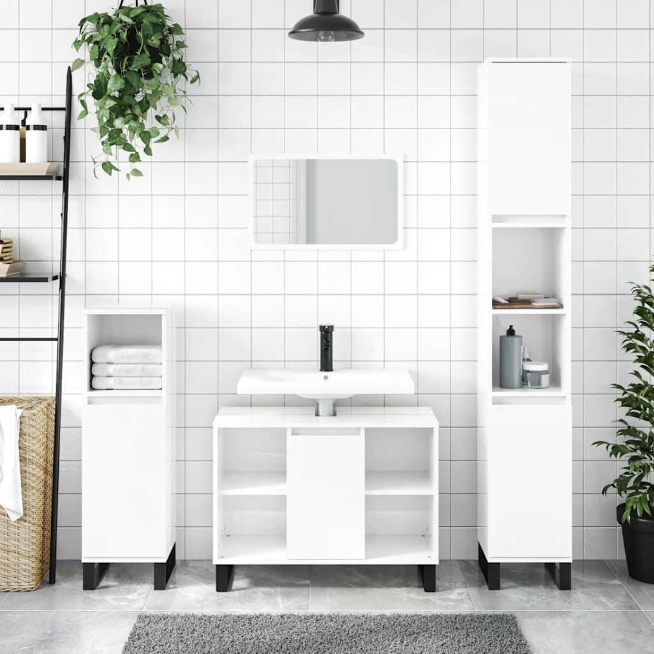 Mueble de baño madera de ingeniería blanco brillo 80x33x60