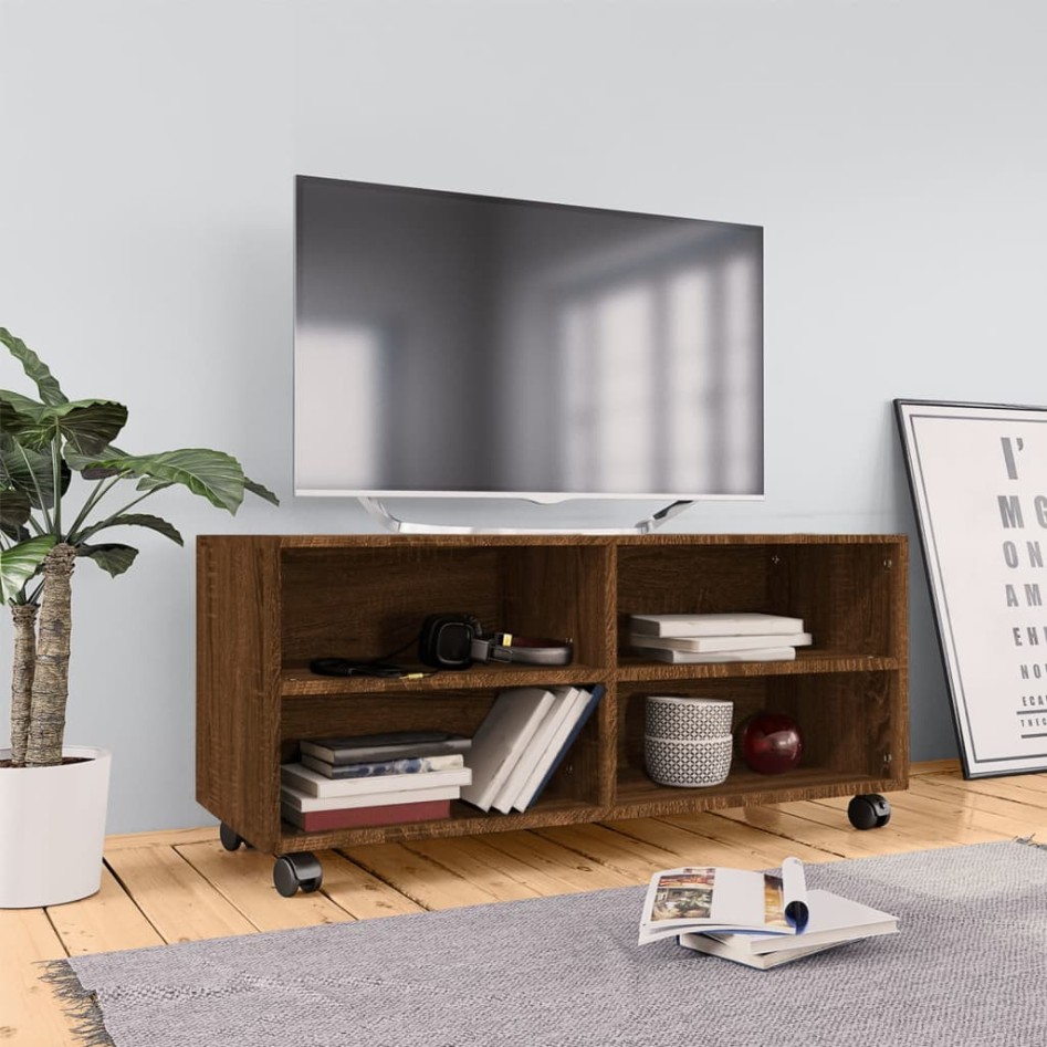 Mueble TV ruedas madera contrachapada roble marrón 90x35x35