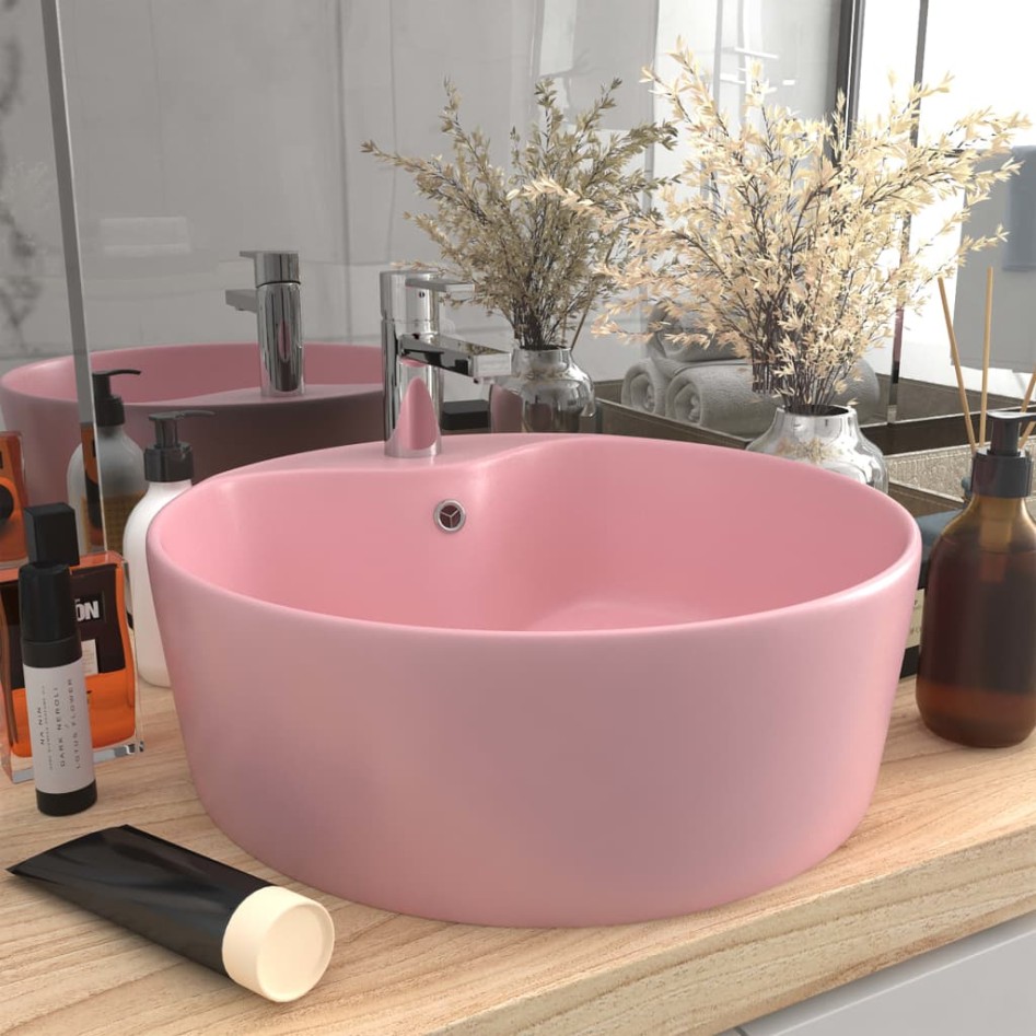 Lavabo lujo con rebosadero cerámica rosa mate 36x13