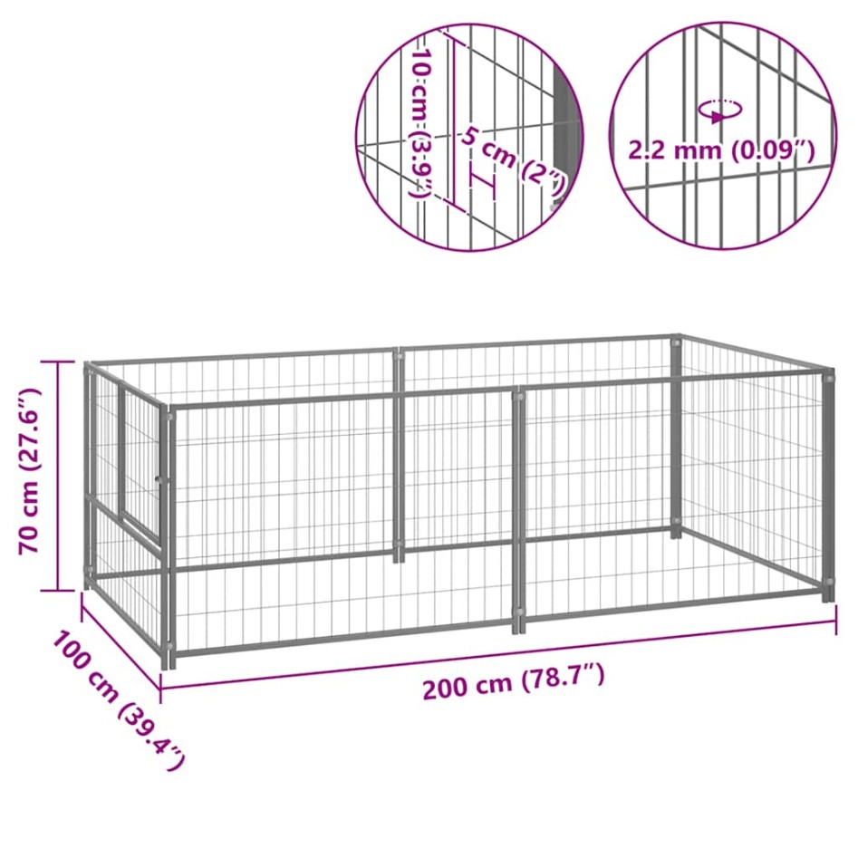 Perrera de acero plateado 200x100x70