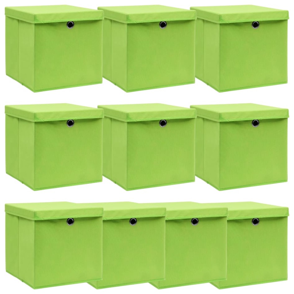 Cajas de almacenaje con tapas 10 uds tela verde 32x32x32