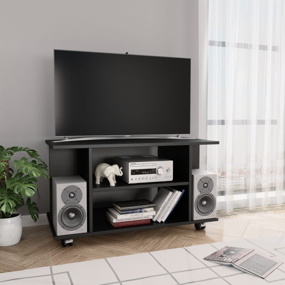 Mueble de TV con ruedas madera de ingeniería negro 80x40x45