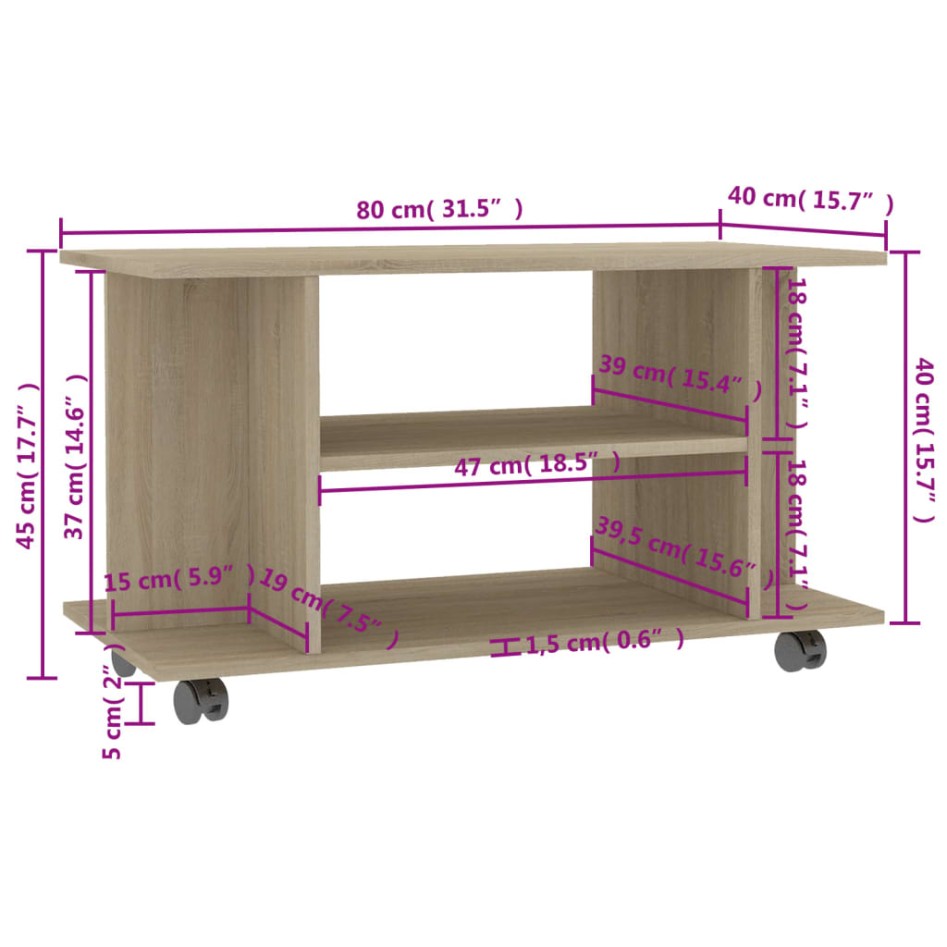 Mueble de TV ruedas madera ingeniería roble Sonoma 80x40x45