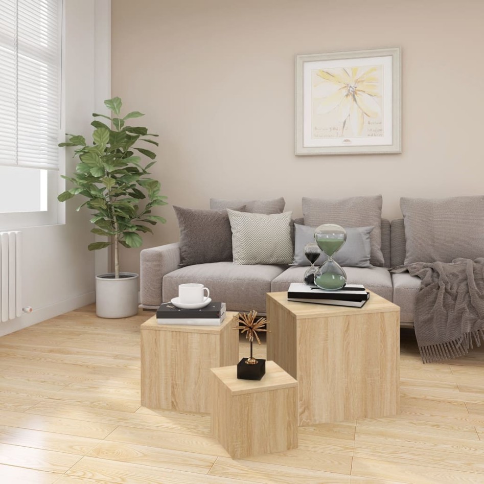 Mesas auxiliares 3 pzas madera contrachapada color roble