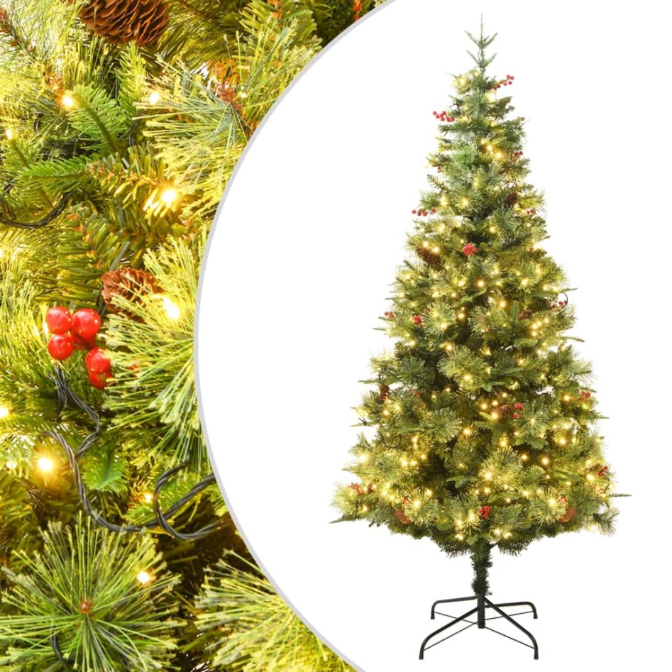 Árbol de Navidad con luces y piñas PVC PE verde 150