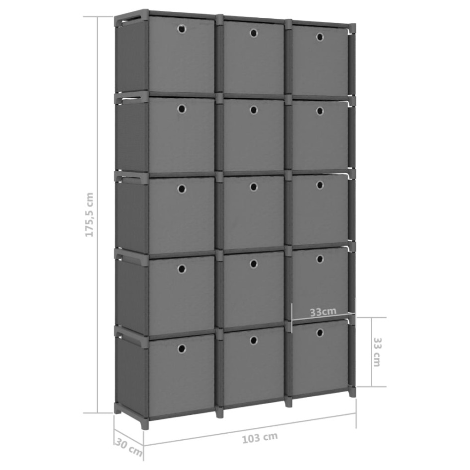 Estantería de 15 cubos con cajas de tela gris 103x30x175,5