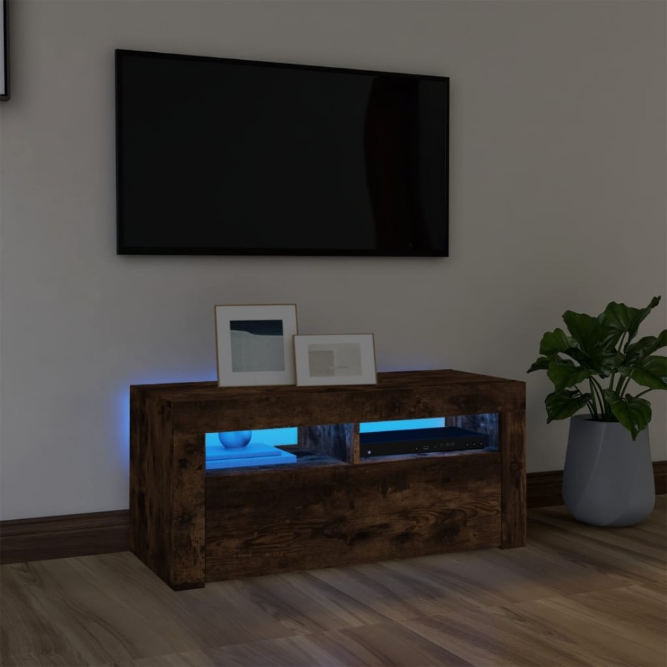 Mueble de TV con luces LED roble ahumado 90x35x40
