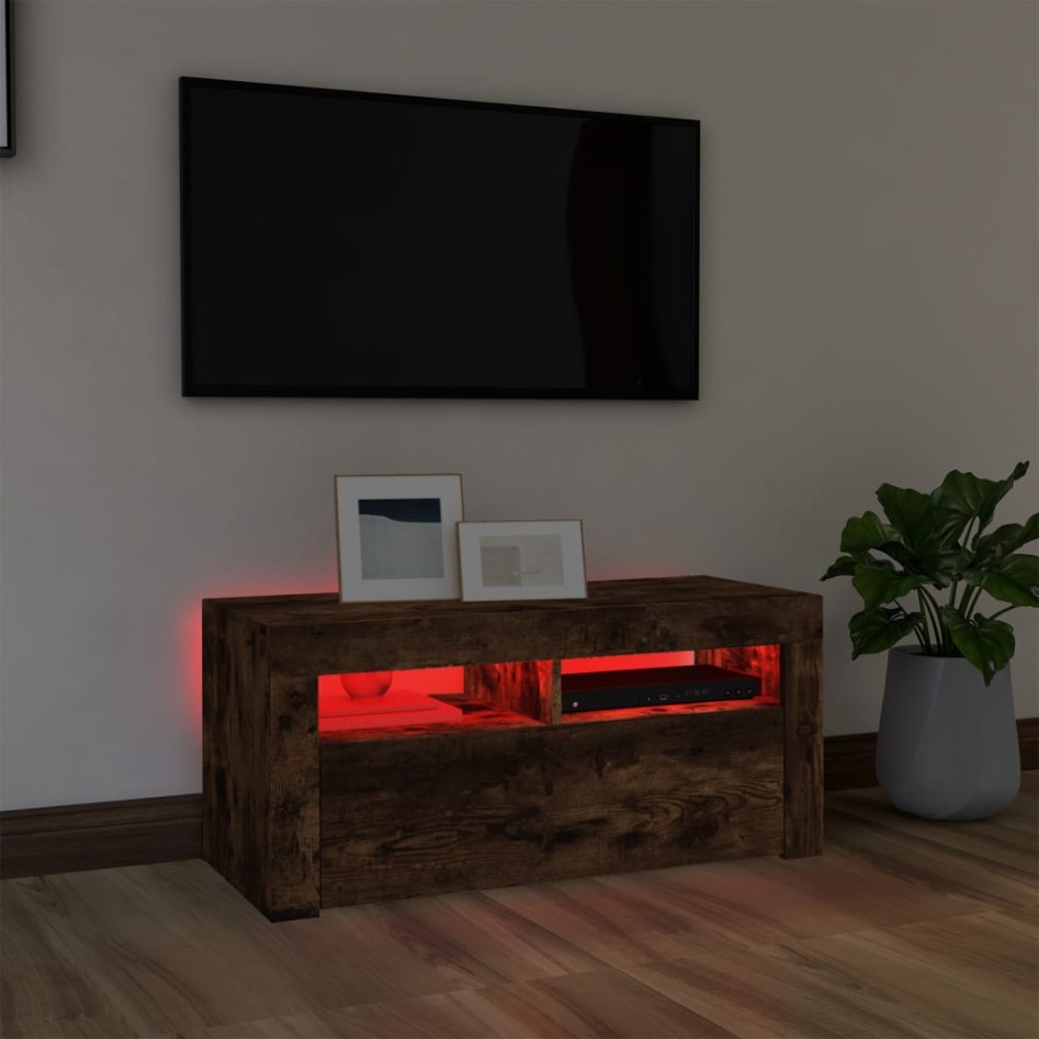 Mueble de TV con luces LED roble ahumado 90x35x40
