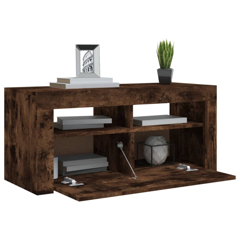 Mueble de TV con luces LED roble ahumado 90x35x40