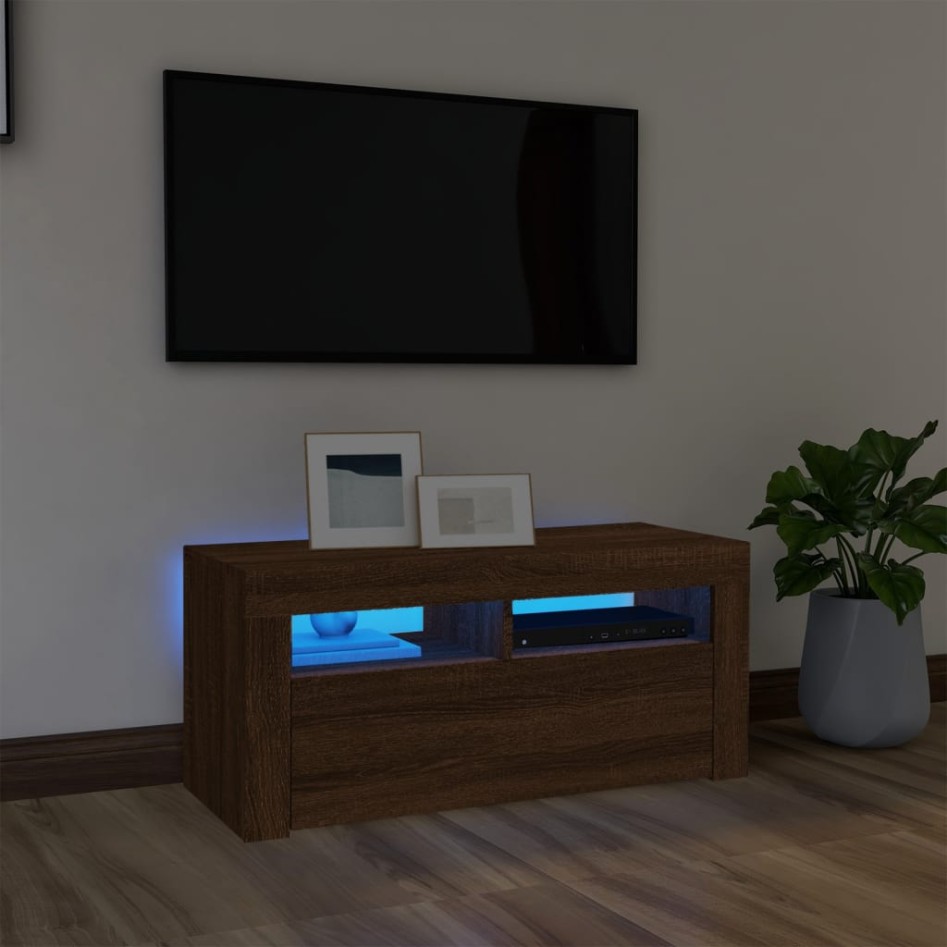 Mueble de TV con luces LED roble marrón 90x35x40