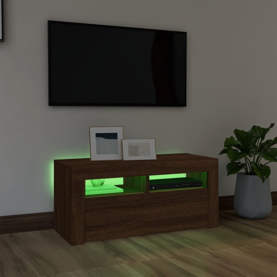 Mueble de TV con luces LED roble marrón 90x35x40