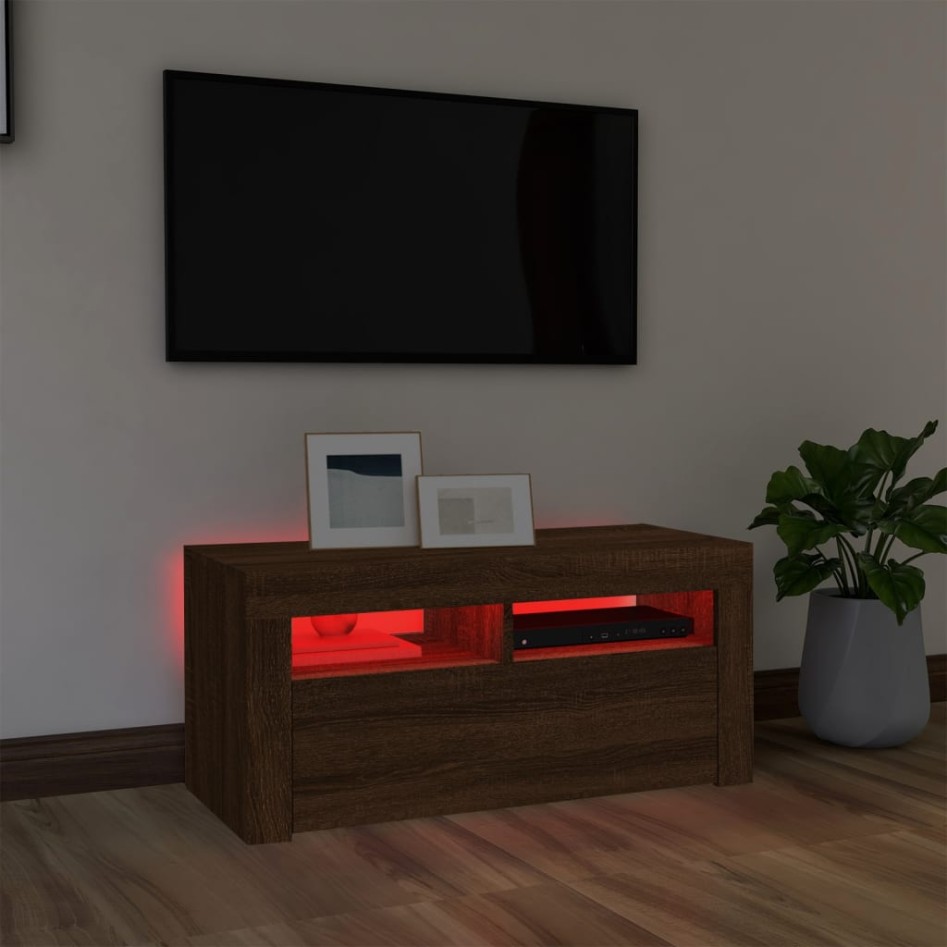 Mueble de TV con luces LED roble marrón 90x35x40