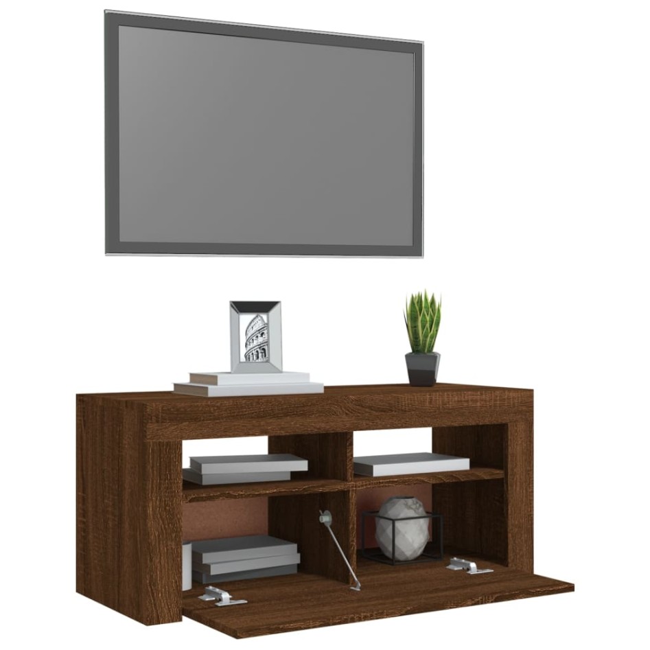 Mueble de TV con luces LED roble marrón 90x35x40