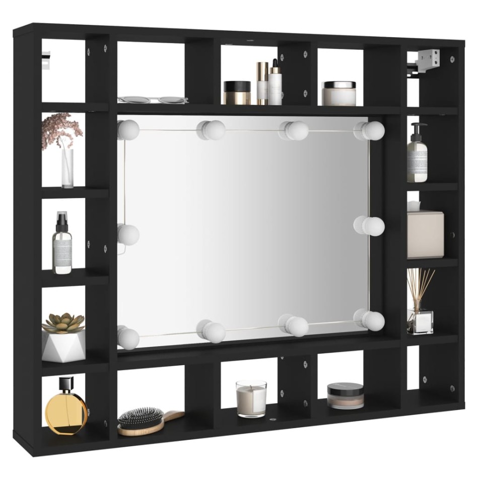 Mueble con espejo y luces LED negro 91x15x76,5