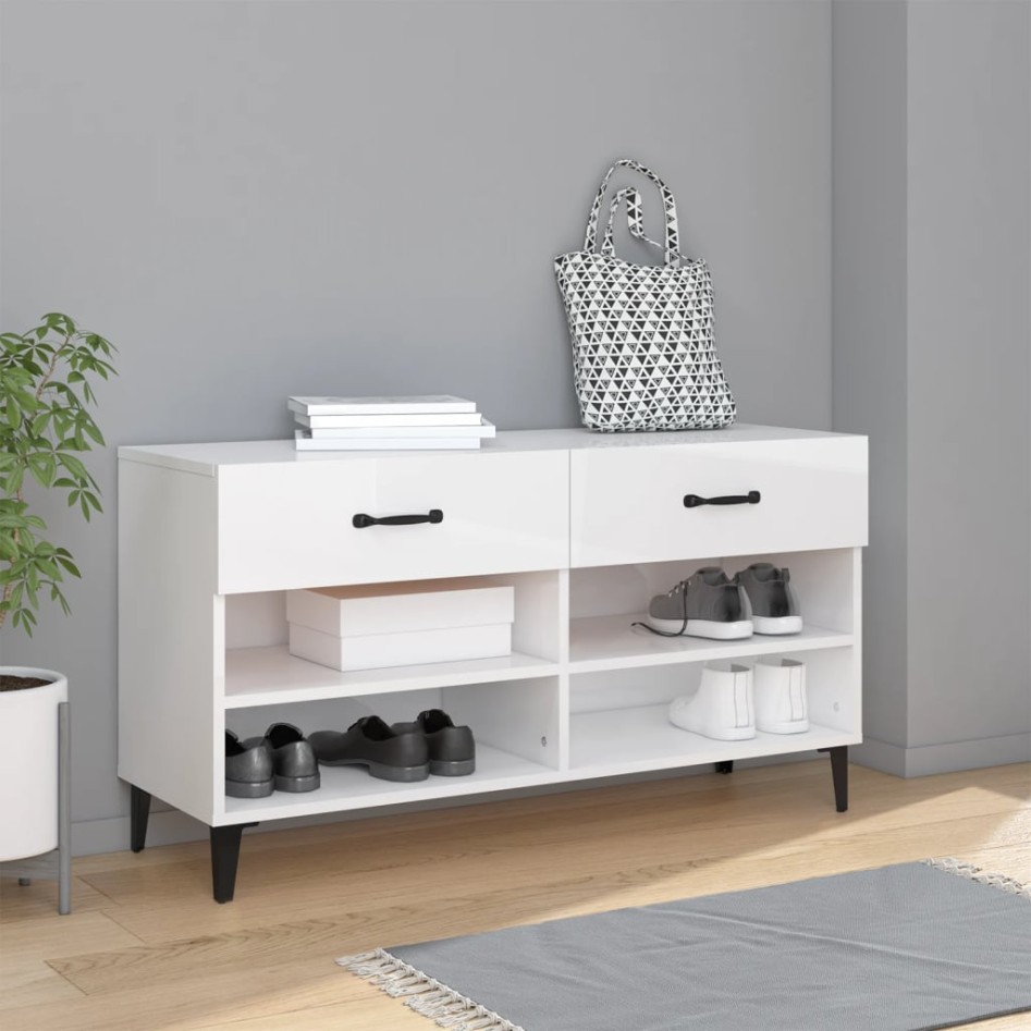 Mueble zapatero madera contrachapada blanco brillo 102x35x55