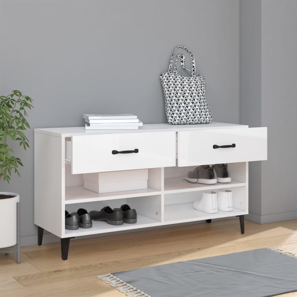 Mueble zapatero madera contrachapada blanco brillo 102x35x55