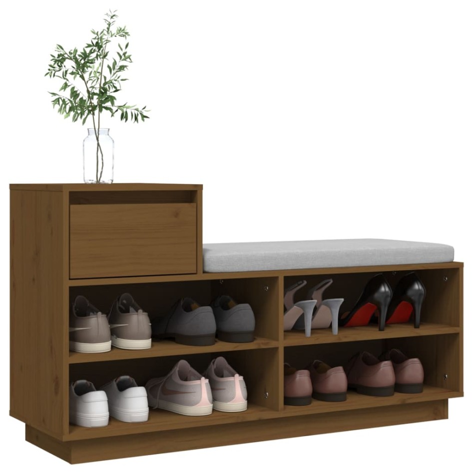 Mueble zapatero de madera maciza pino marrón miel 110x34x61