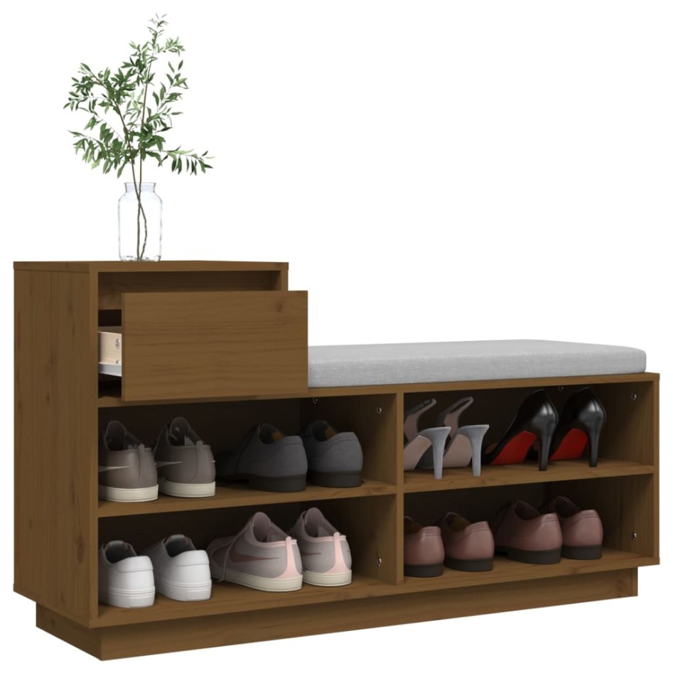 Mueble zapatero de madera maciza pino marrón miel 110x34x61