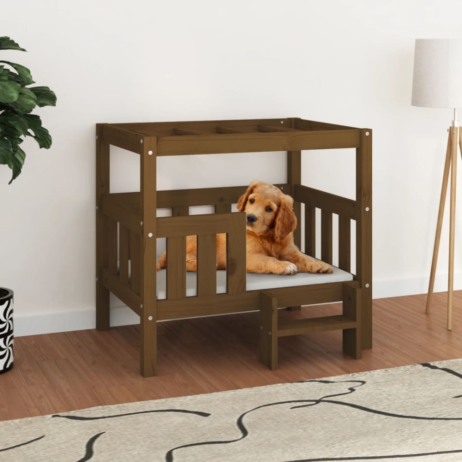 Cama para perros madera maciza pino marrón miel 75,5x63,5x70
