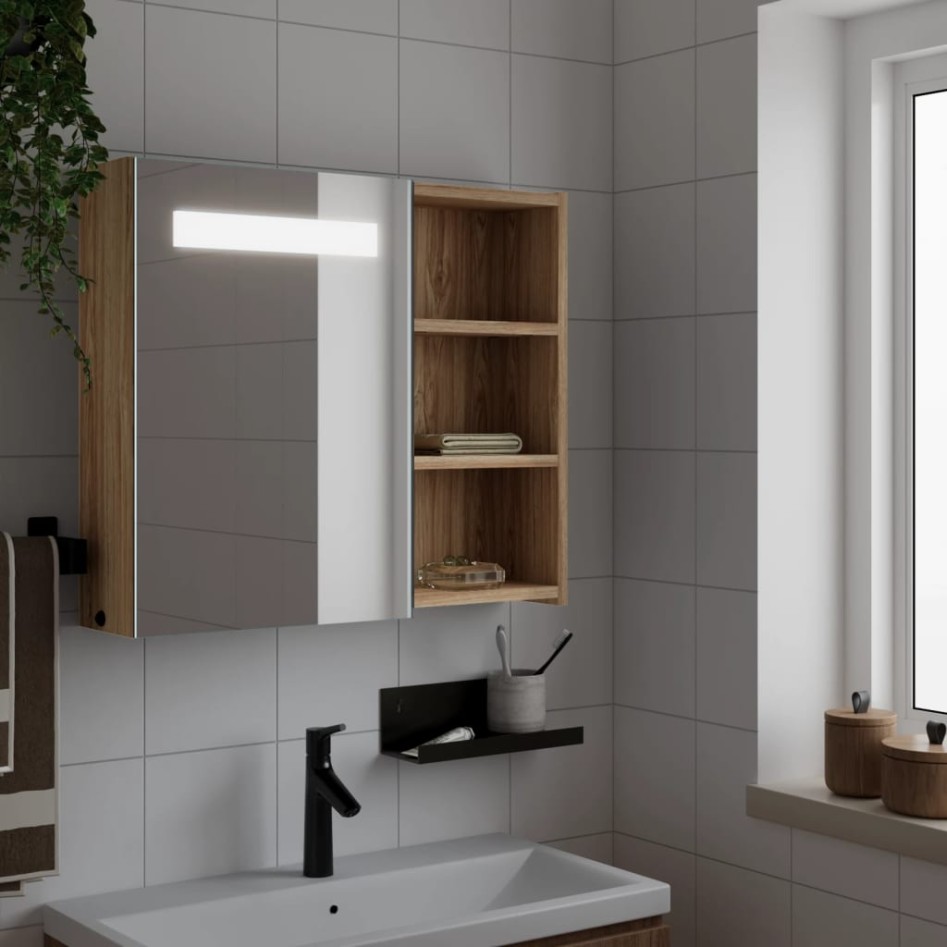 Mueble de baño con espejo y luz LED roble 60x13x52