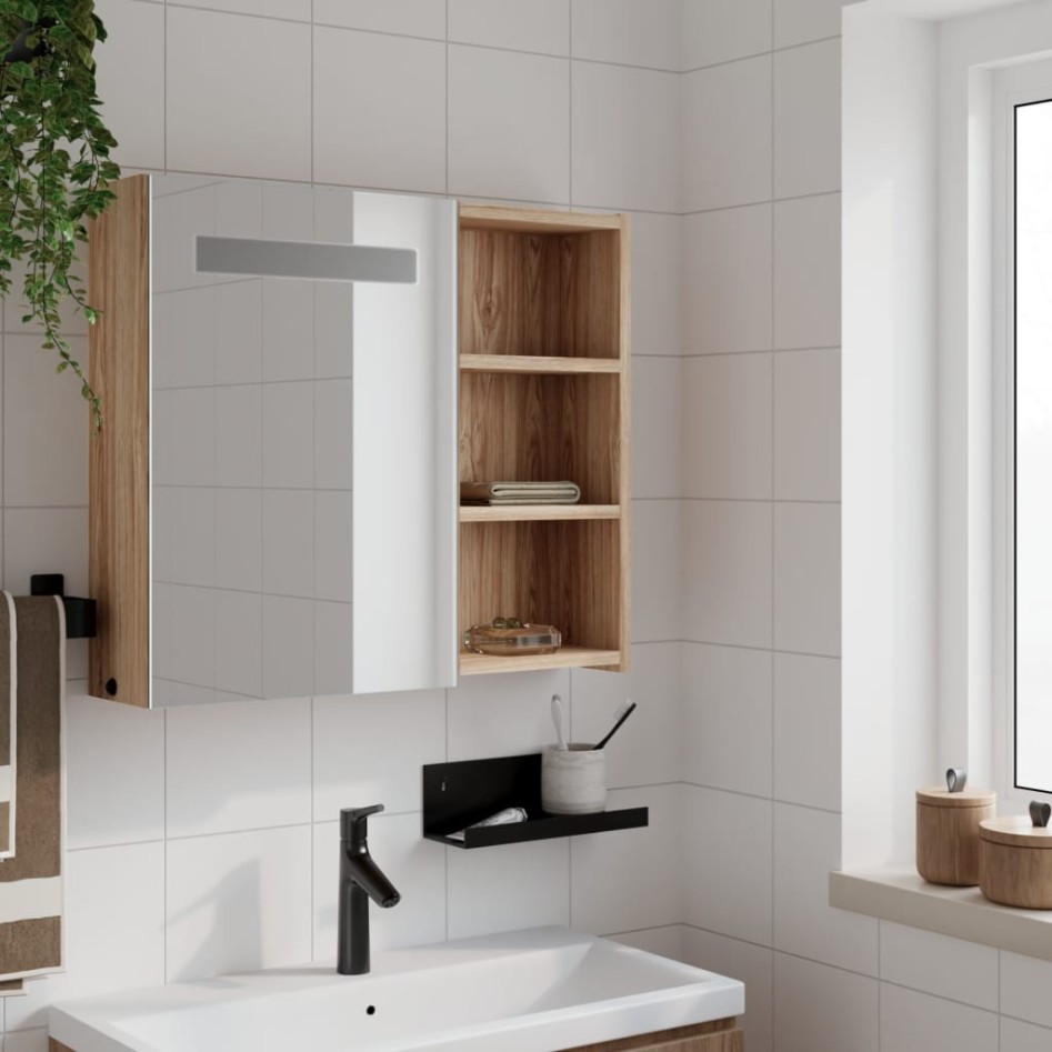 Mueble de baño con espejo y luz LED roble 60x13x52