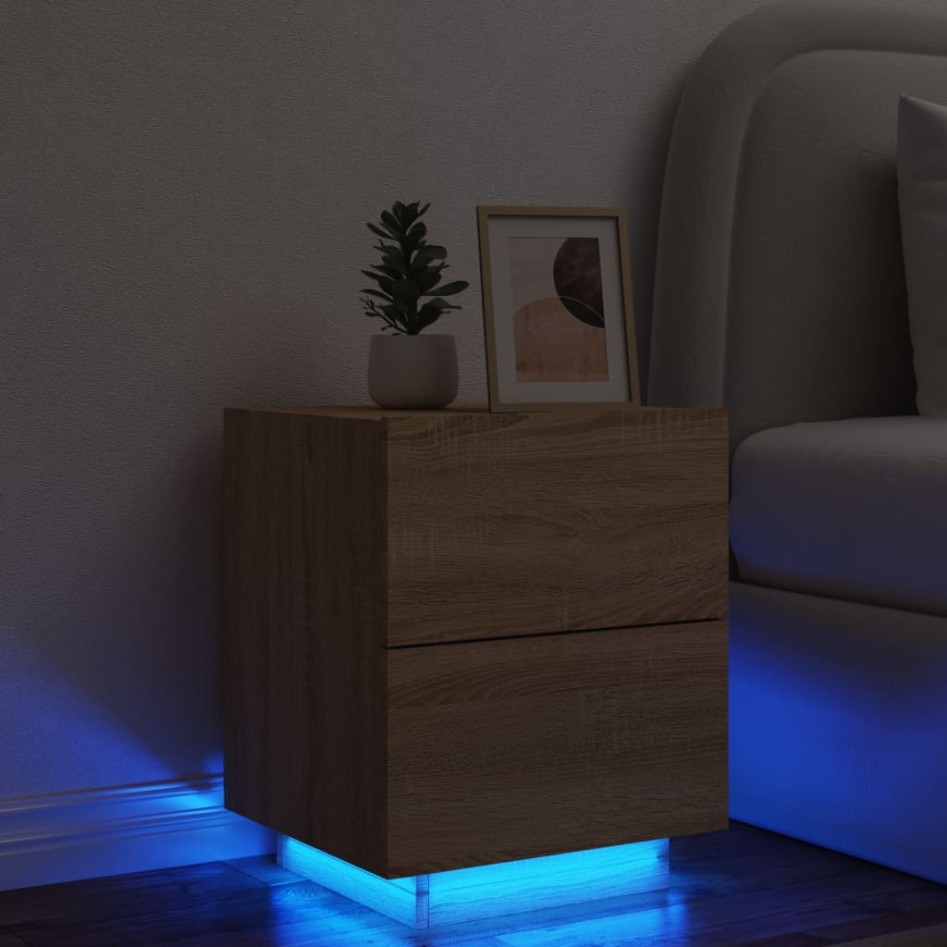 Mesita de noche con luces LED madera de ingeniería roble