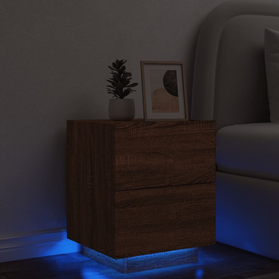 Mesita de noche con luces LED madera de ingeniería roble
