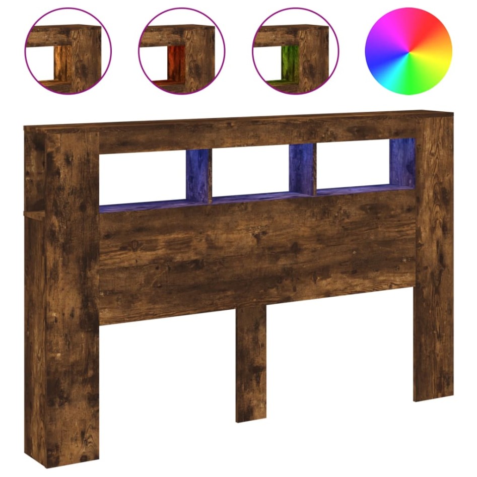 Cabecero LED madera ingeniería roble ahumado 160x18,5x103,5