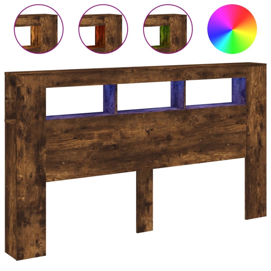 Cabecero LED madera ingeniería roble ahumado 180x18,5x103,5