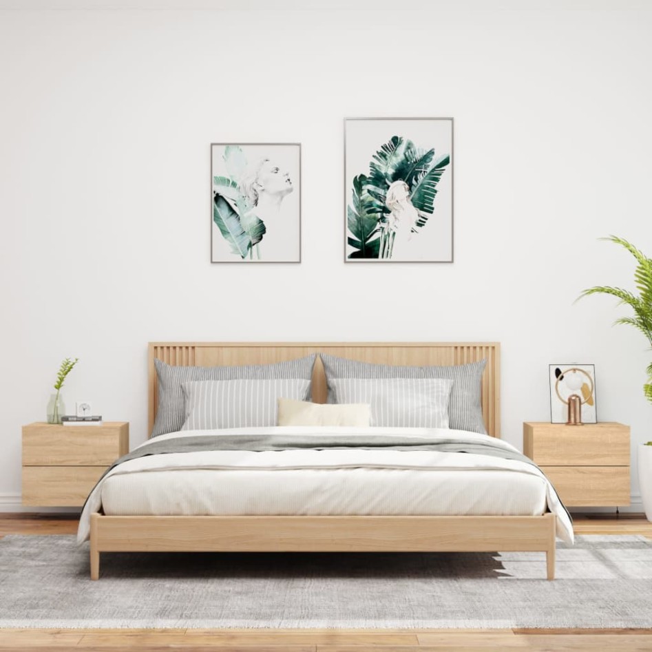 Mesitas de noche de pared con luces LED 2 unidades roble