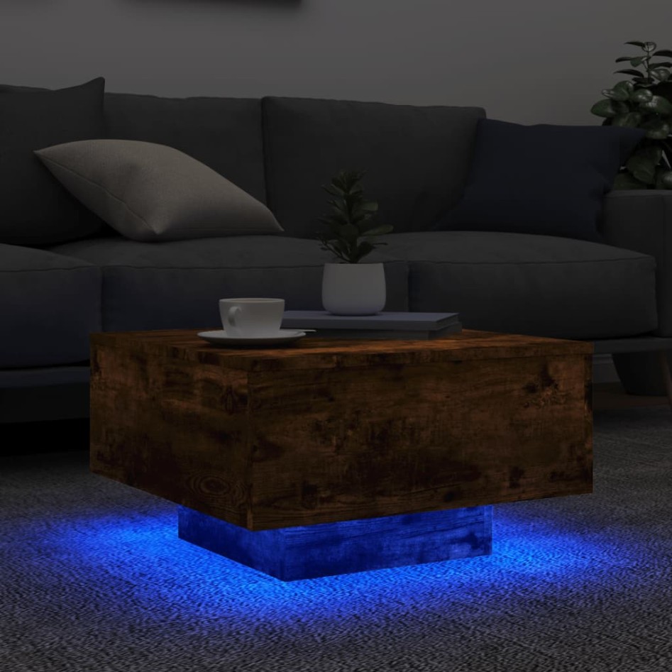 Mesa de centro con luces LED roble ahumado 55x55x31