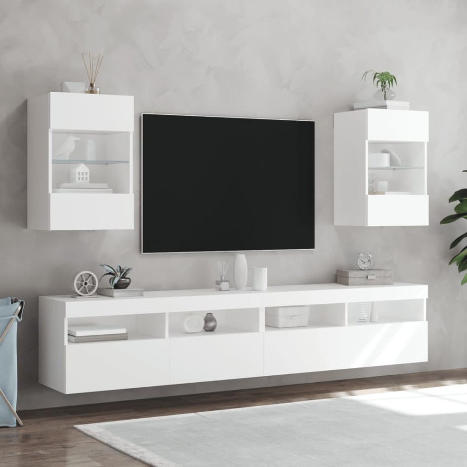 Muebles de TV de pared con luces LED 2 uds blanco 40x30x60,5