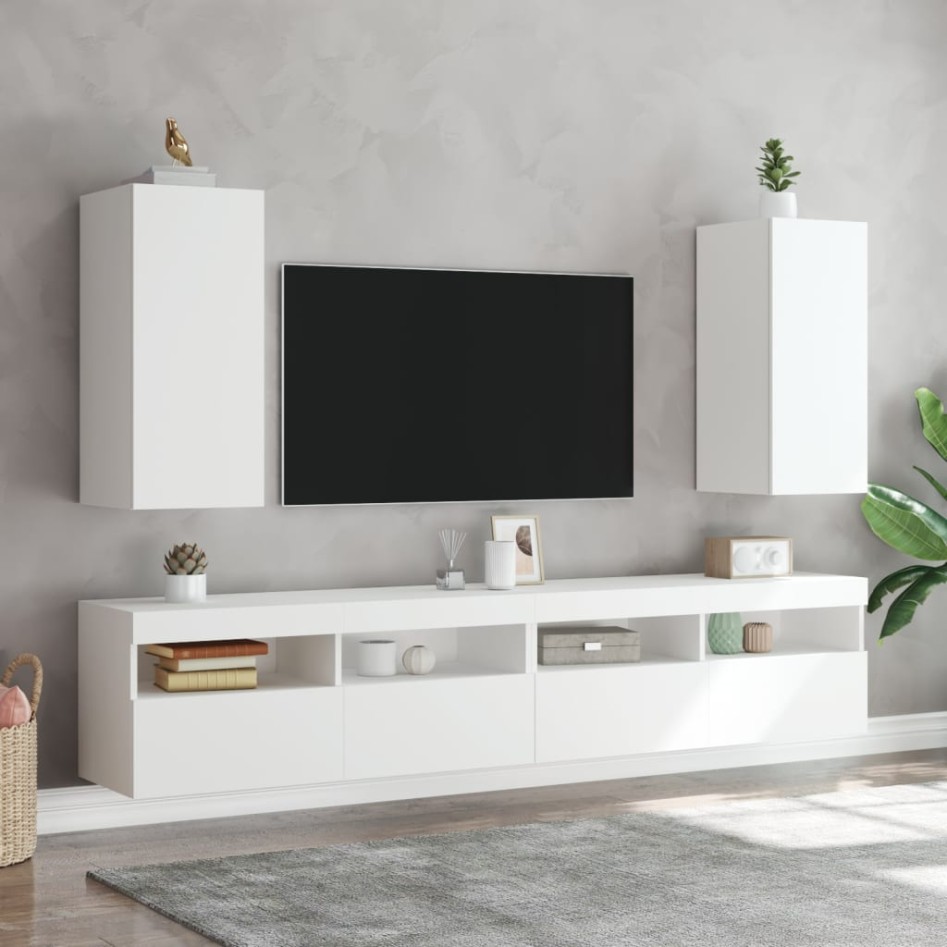 Muebles de TV de pared con luces LED 2 uds blanco 30,5x35x70