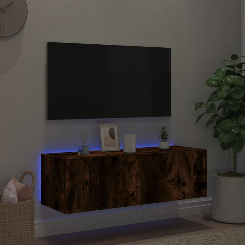 Mueble de TV de pared con luces LED roble ahumado 100x35x31