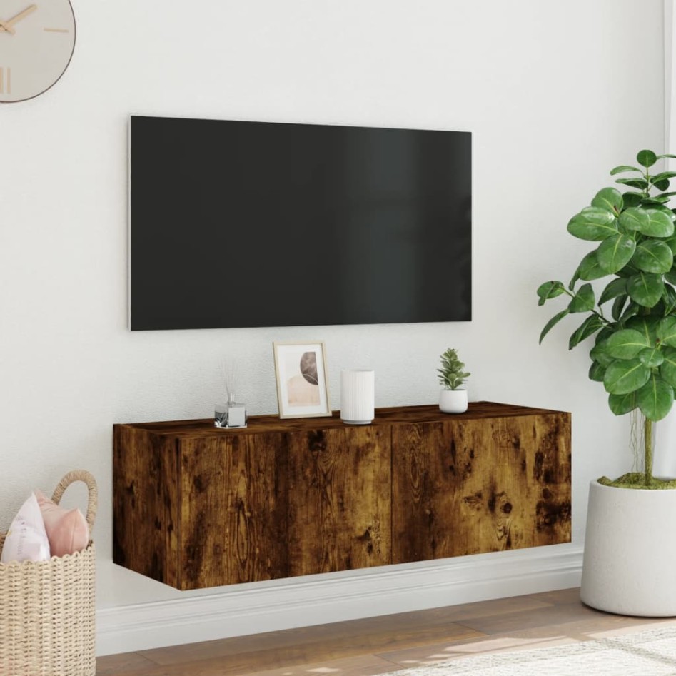 Mueble de TV de pared con luces LED roble ahumado 100x35x31