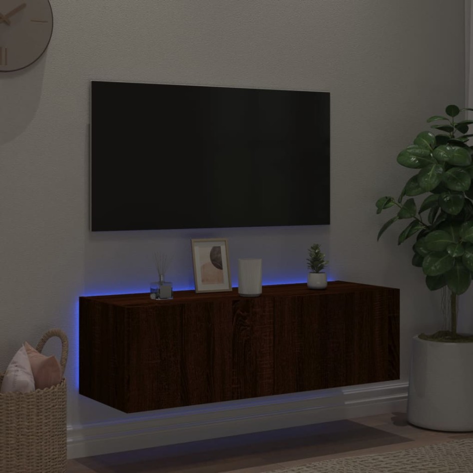Mueble de TV de pared con luces LED marrón roble 100x35x31