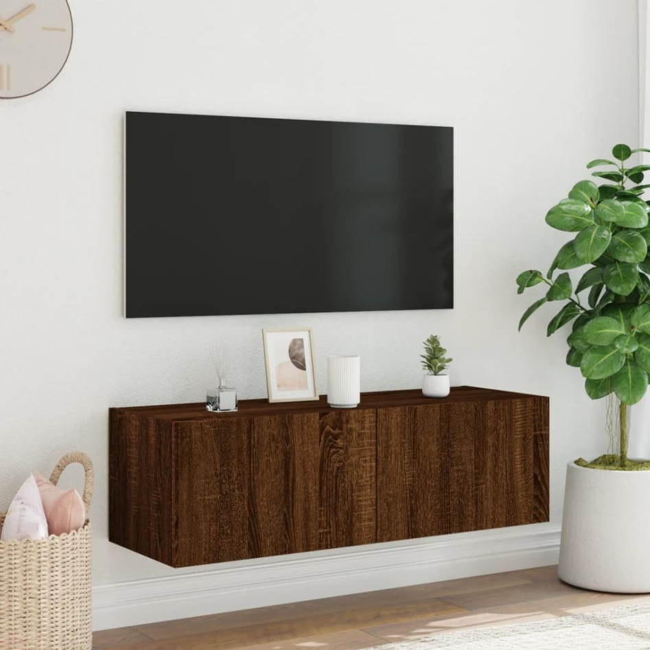 Mueble de TV de pared con luces LED marrón roble 100x35x31