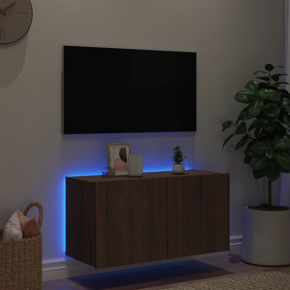 Mueble de TV de pared con luces LED marrón roble 80x35x41