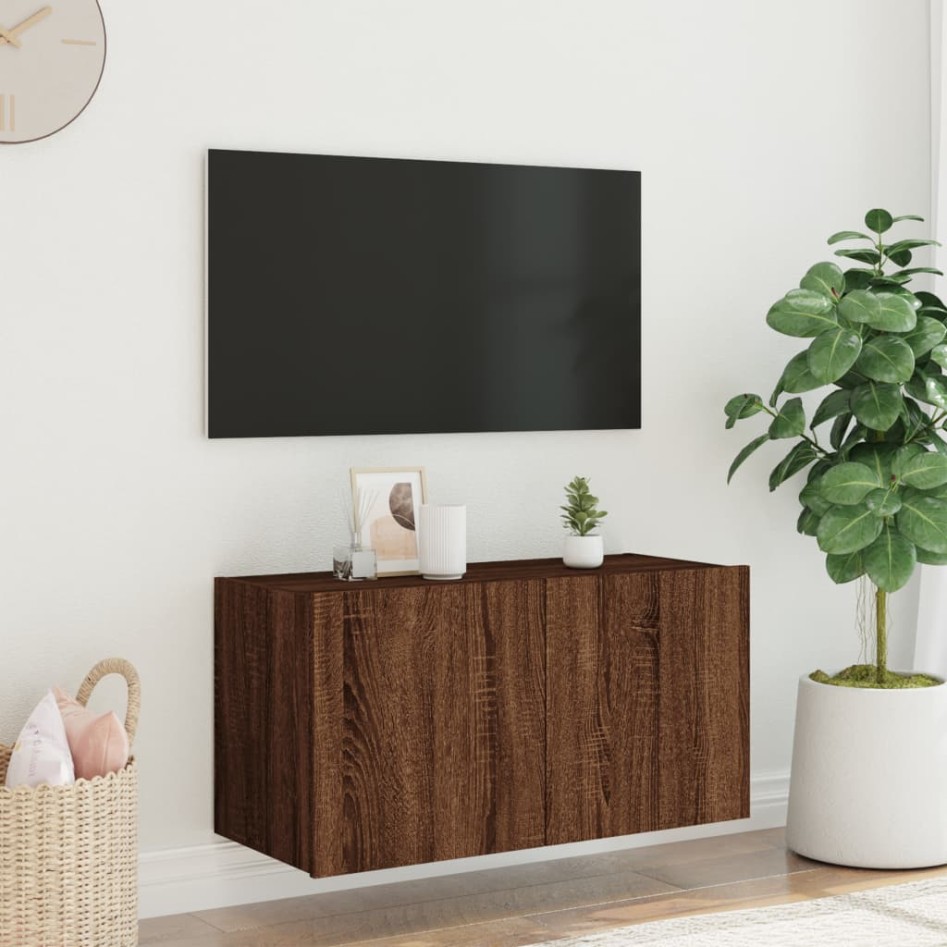 Mueble de TV de pared con luces LED marrón roble 80x35x41