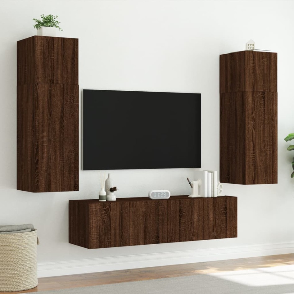 Mueble de TV de pared con luces LED marrón roble 80x35x41